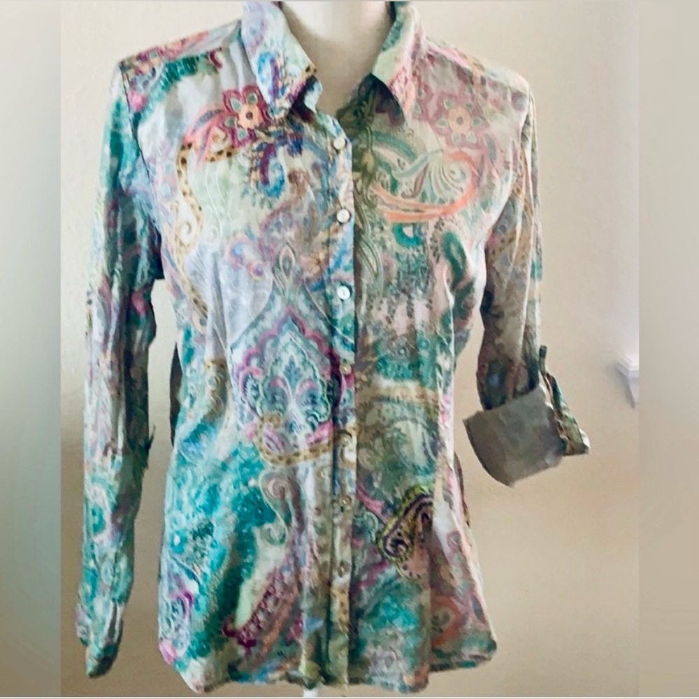 CHARLIE B Country Western Button-Up, Paisley Shirt, Mint/Multi Small, EUC PM7